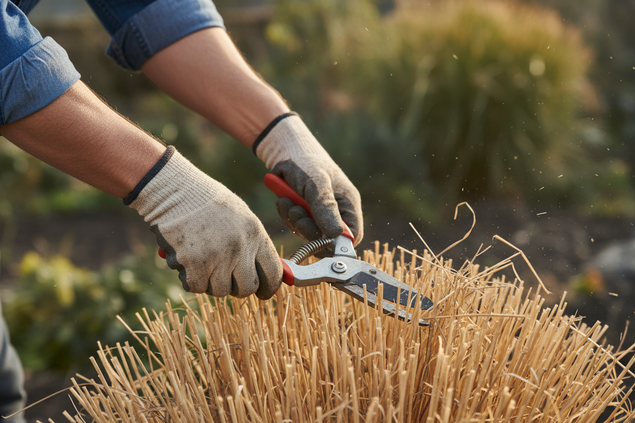 Close-up of hands with secateurs cutting grass