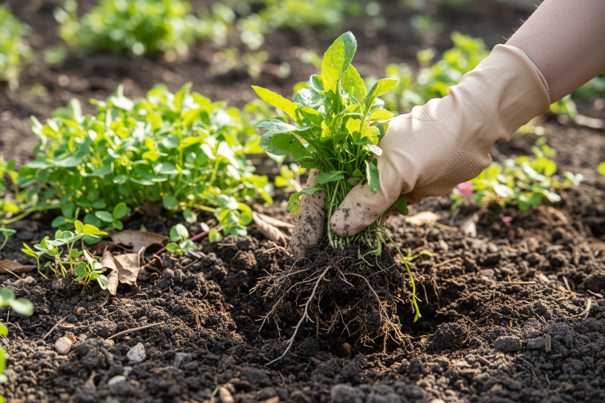 Hand pulling weeds with plants in background